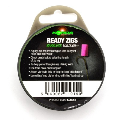 Поводок готовый Korda Ready Zigs Barbless 10' 300см №10 3шт безбородый