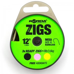 Поводок готовый Korda Ready Zigs Barbless 12' 360см №10 3шт безбородый