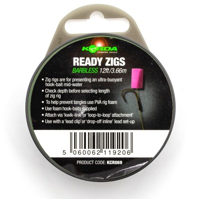 Поводок готовый Korda Ready Zigs Barbless 12' 360см №10 3шт безбородый