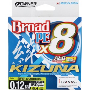 OWNER Шнур Kizuna X8 Broad PE chartreuse 135м 0.12мм 5.4кг