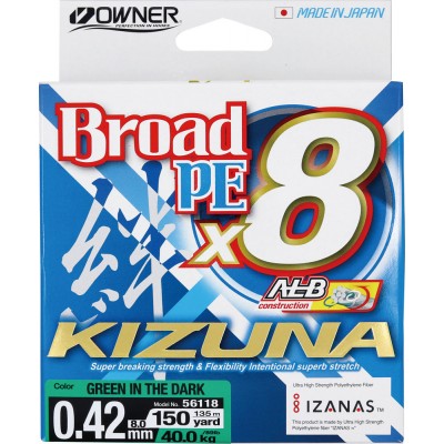 OWNER Шнур Kizuna X8 Broad PE green 135м 0.42мм 40кг