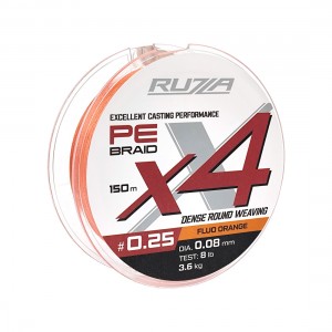 RUZZA Шнур X4 150м Fluo Orange 0,08мм 3,6кг/8lb