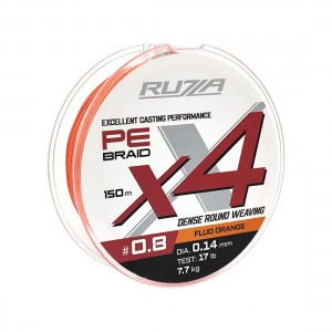 RUZZA Шнур X4 150м Fluo Orange 0,14мм 7,7кг/17lb