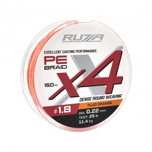 RUZZA Шнур X4 150м Fluo Orange 0,22мм 11,4кг/25lb