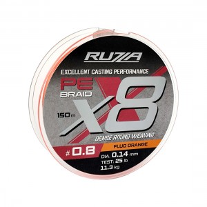 RUZZA Шнур X8 150м Fluo Orange 0,14мм 11,3кг/25lb