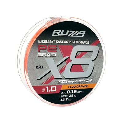 RUZZA Шнур X8 150м Fluo Orange 0,16мм 12,7кг/28lb