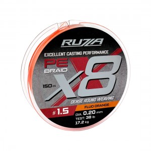 RUZZA Шнур X8 150м Fluo Orange 0,20мм 17,2кг/38lb