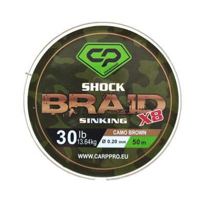 CARP PRO Шок-лидер Diamond Shock Braid PE X8 коричневый 30lb 50м 0,20мм