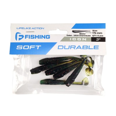 F-FISHING Виброхвост Icon 3" #1816 Black/Chartreuse 7.5см 6шт