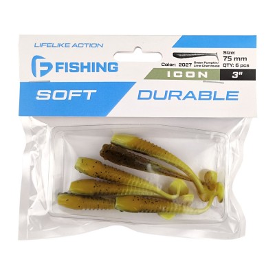 F-FISHING Виброхвост Icon 3" #2027 Green Pumpkin/Lime Chartreuse 7.5см 6шт